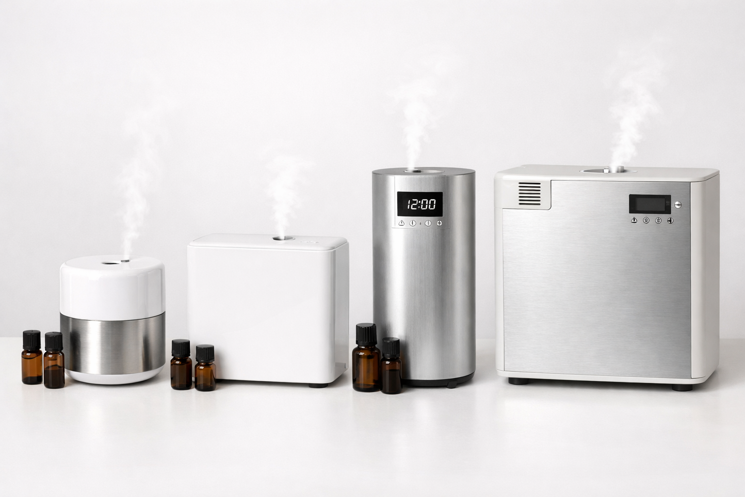 () close-up product comparison flat lay showing four different electric fragrance diffuser models arranged side by side on a