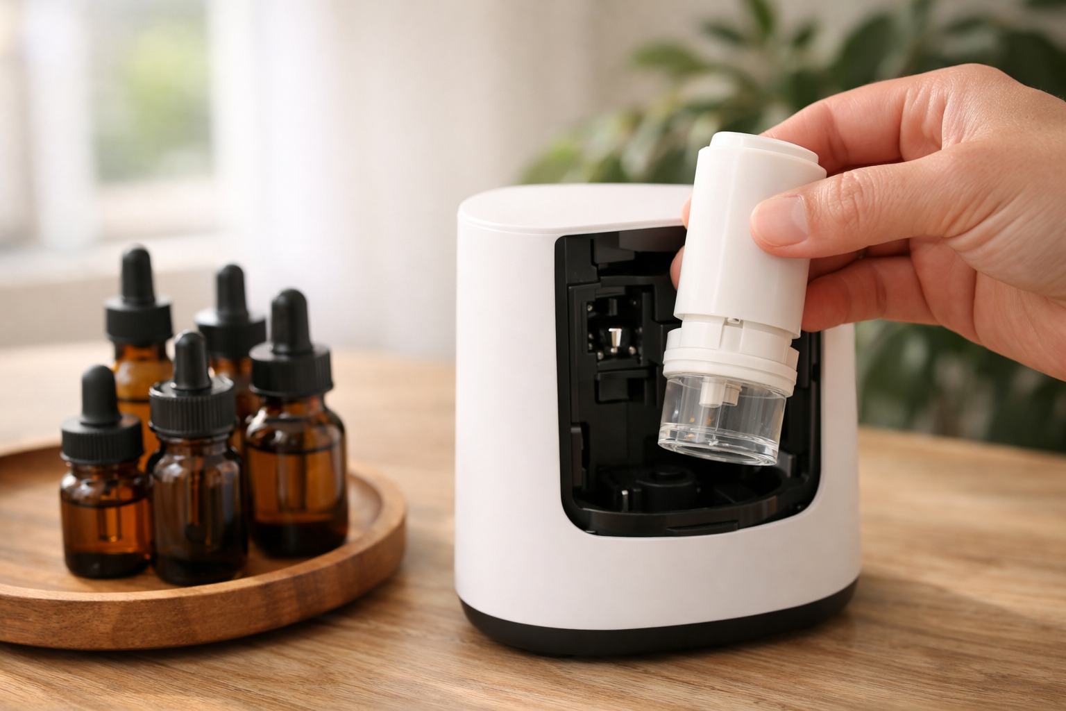 () showing a professional hand replacing a fragrance cartridge inside a modern electric diffuser, with small dropper bottles